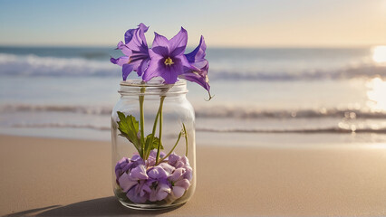 A Captivating Canterbury Bells Flower Jar Amidst Beach Serenity AI GENERATED