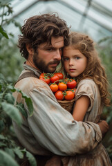 Fototapeta na wymiar Father and Daughter Together in Greenhouse, Embracing Natures Beauty