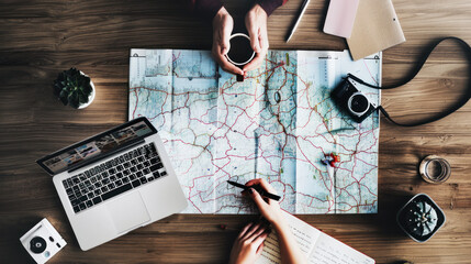 Close-up of travel planning on a map. Route outline, map, notepad, pen. Vacation, travel concept. - obrazy, fototapety, plakaty