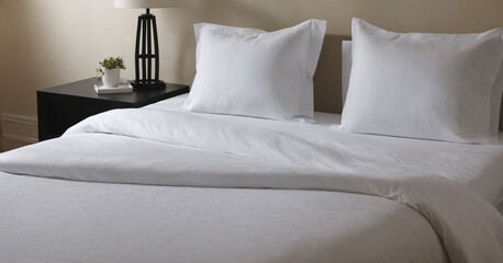 An elegant and comfortable hotel bed with white linens, pillows, and a duvet, creating a stylish and inviting interior setting.