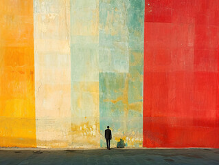 Person standing against a multicolored abstract wall. Street photography with strong geometric patterns and vivid colors. Urban art and minimalism concept

