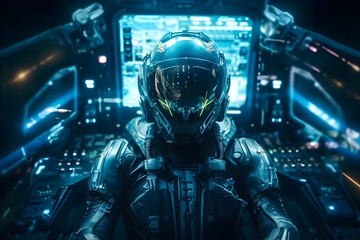 Pilot of a spaceship in a polished mechanical suit in the cockpit - obrazy, fototapety, plakaty