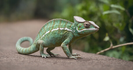 Fototapeta premium A charming chameleon gracefully walks along a road in an African park, showcasing its vibrant green color and intricate patterned skin in the wild.