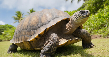 A couple embraces a giant Aldabra tortoise in the beautiful natural setting of Mauritius, creating...