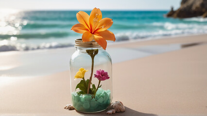 A Captivating Chrysopsis Jar Amidst Beach Serenity AI GENERATED