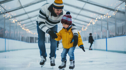 Adult is seen teaching a child to skate on an indoor ice rink