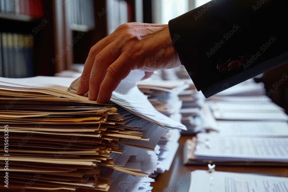 Poster a person's hand reaching out to grab a stack of papers. can be used to illustrate concepts such as o