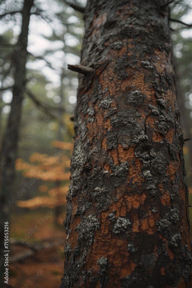 Poster Close up view of a tree trunk in a forest. Ideal for nature-themed designs and backgrounds