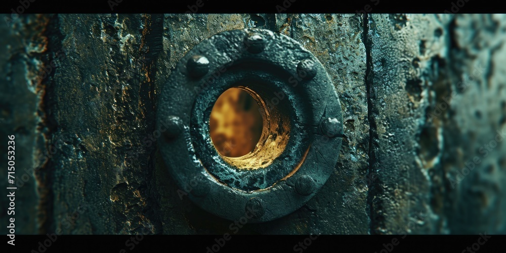 Poster a detailed close-up of a hole in a wooden door. perfect for adding texture and depth to design proje