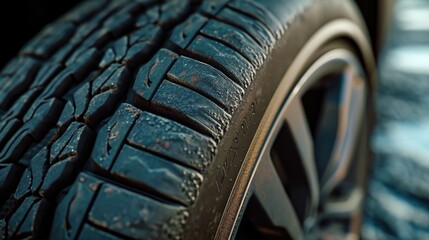 A close up view of a tire on a vehicle. This image can be used to showcase automobile maintenance or as a background for automotive-related designs