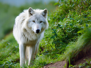 young arctic wolf on a background of green grass