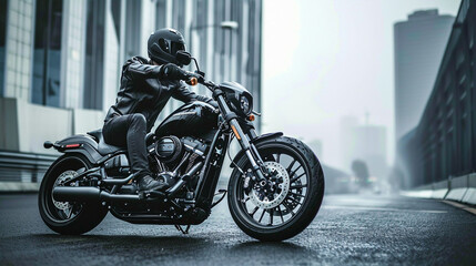 A lone, stylish biker clad in black leather, astride a sleek, customized motorcycle against an urban backdrop. The harsh lines of the cityscape complement the rugged elegance of th - obrazy, fototapety, plakaty