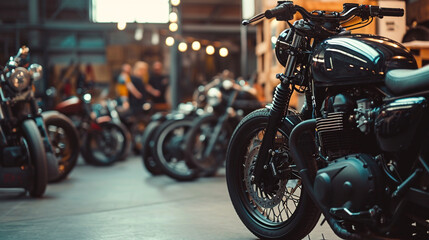 An industrial warehouse transformed into a gritty biker haven, where a group of stylish bikers gather amid a display of customized motorcycles, showcasing the fusion of brutal aest