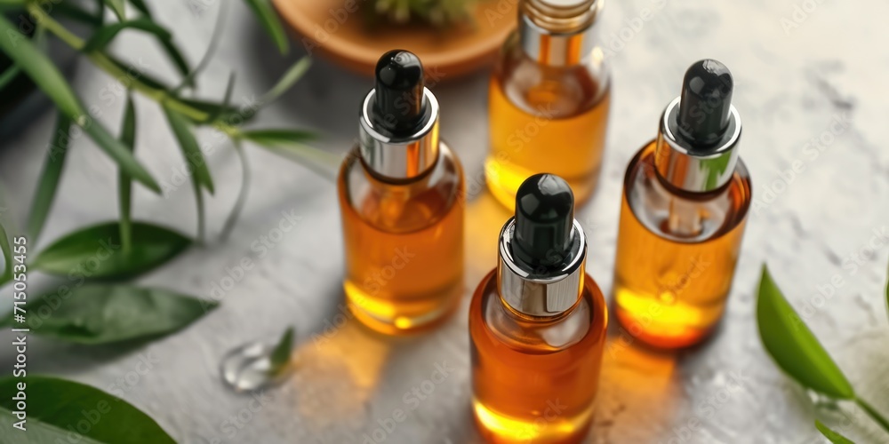Poster bottles of essential oils arranged on a table. versatile image suitable for various uses