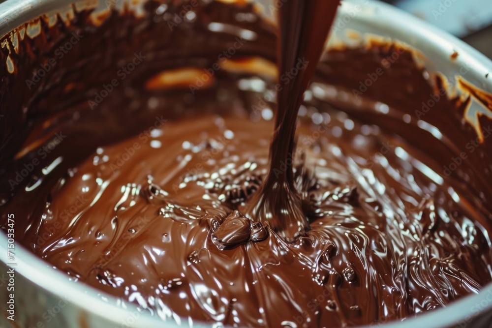 Poster a close-up view of chocolate batter in a pan. this image can be used to showcase the process of maki