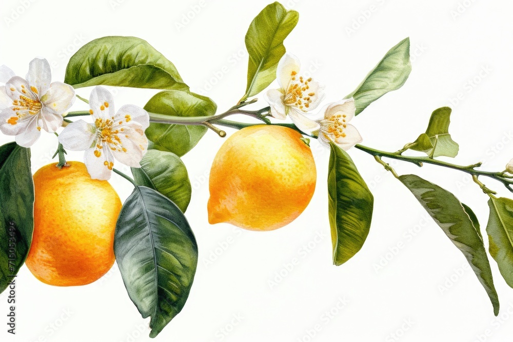 Poster A painting of two lemons hanging on a branch with colorful flowers. This picture can be used to add a touch of nature and freshness to any design