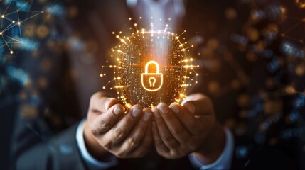 A person holding a glowing padlock in their hands. This image can be used to represent security, encryption, or the concept of unlocking something - Powered by Adobe
