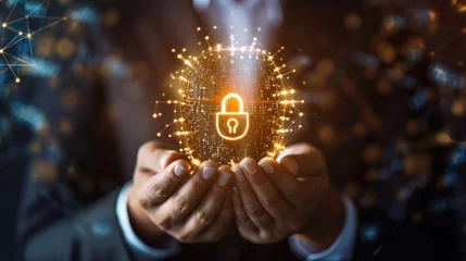 Foto op Plexiglas A person holding a glowing padlock in their hands. This image can be used to represent security, encryption, or the concept of unlocking something © Fotograf