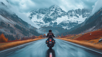 lone rider into snowy mountains on a rainy road.. Generative Ai art - obrazy, fototapety, plakaty