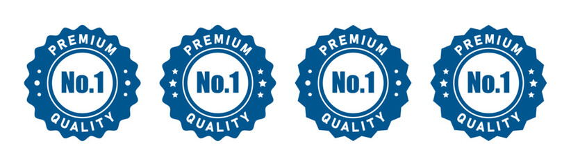 No 1 premium quality logo stamp set with pointed and rounded zig zag style in blue and white color. No.1 quality logo blue icon vector design for brand label or banner