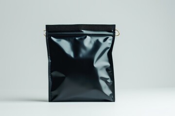 A black bag with a zipper is placed on a white surface. This image can be used to showcase a stylish bag or for product photography.