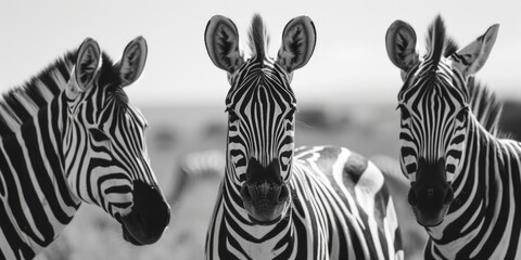 A group of zebras standing next to each other. Can be used to depict unity, teamwork, or the beauty of nature.