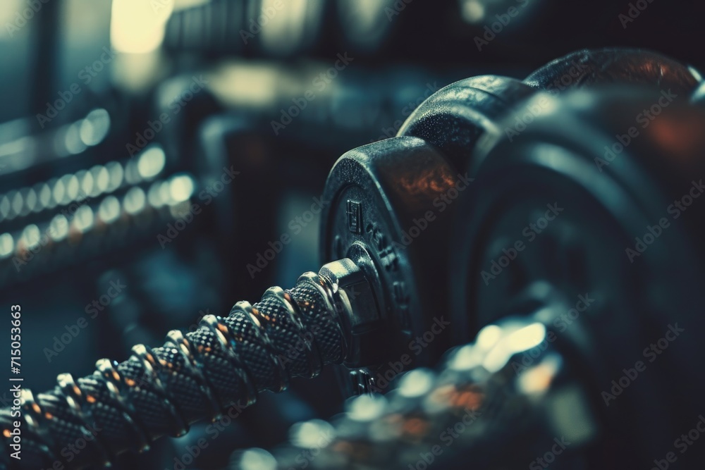 Poster a close-up view of a pair of dumbbells in a gym. perfect for fitness and strength training concepts