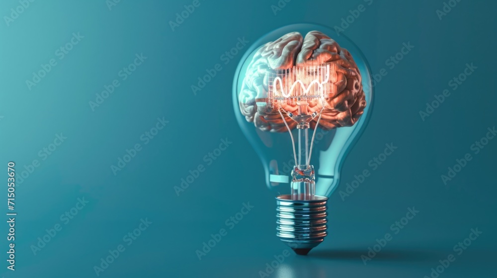Poster A light bulb with a brain inside, representing intelligence and creativity. Can be used to symbolize innovation and bright ideas