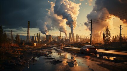 Power station with chimneys in the polluted city. C02 gases contaminating the atmosphere of planet Earth. Climate change concept - obrazy, fototapety, plakaty