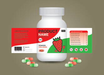 Strawberry supplement bottle Packaging, Cosmetic package. product design. Beauty label, 3d supplement bottle vector, 3d white plastic Pills box, White medical container. healthcare bottle, vector