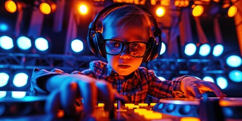 A young boy wearing headphones and playing as a DJ. Perfect for music and entertainment related projects