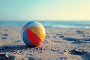 A beach ball resting on a sandy beach near the ocean. Perfect for summer vacation themes or beach-related concepts - obrazy, fototapety, plakaty