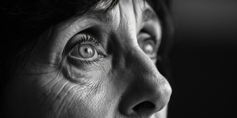 Obraz premium Close-up black and white photo capturing the beauty and depth of a woman's eyes. Perfect for adding a touch of mystery and allure to any project