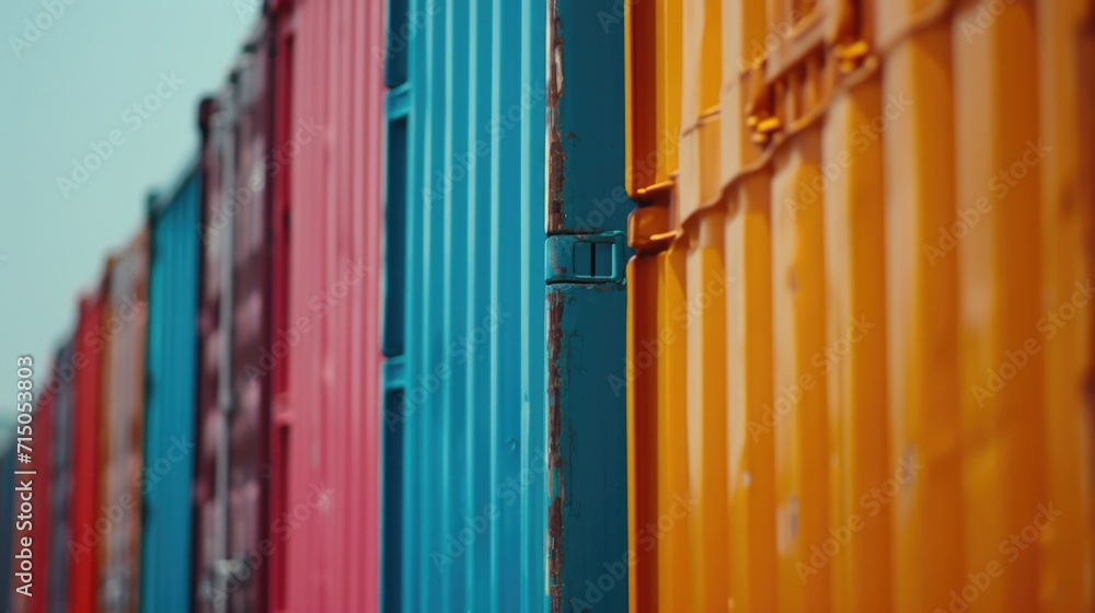 Poster a row of colorful shipping containers against a vibrant sky. can be used to depict transportation, l