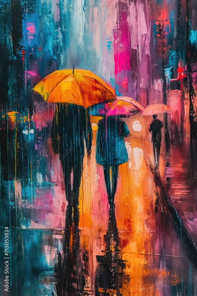 Poster a painting depicting people walking in the rain with umbrellas. this image can be used to illustrate