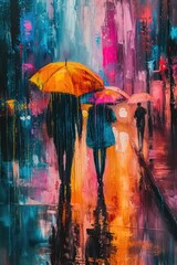 Naklejka premium A painting depicting people walking in the rain with umbrellas. This image can be used to illustrate rainy weather or urban scenes