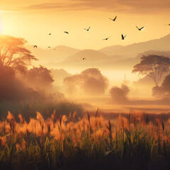 Paisaje campo natural, amanecer con pájaros volando - obrazy, fototapety, plakaty