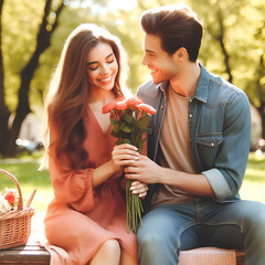 Dos personas enamoradas sentadas, en un parque, cita romántica
