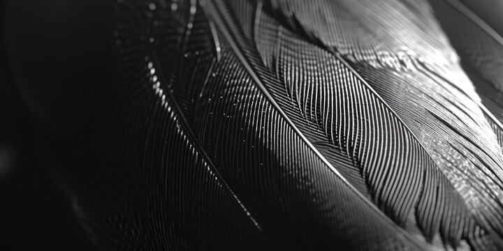 A close-up black and white photo of a feather. Suitable for various creative projects