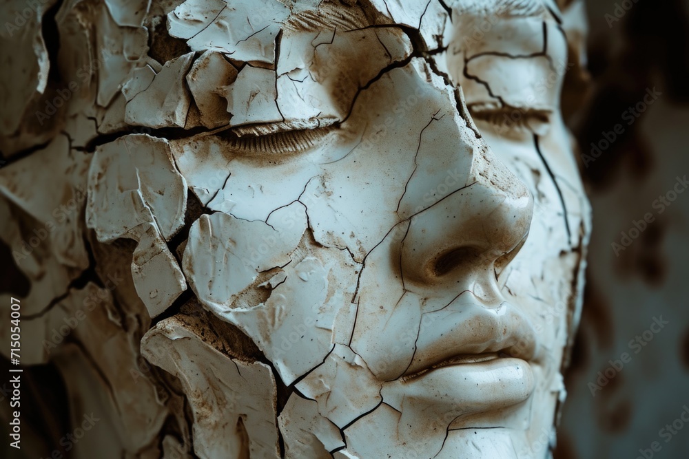 Poster a close up view of a statue depicting the face of a woman. this image can be used for various purpos