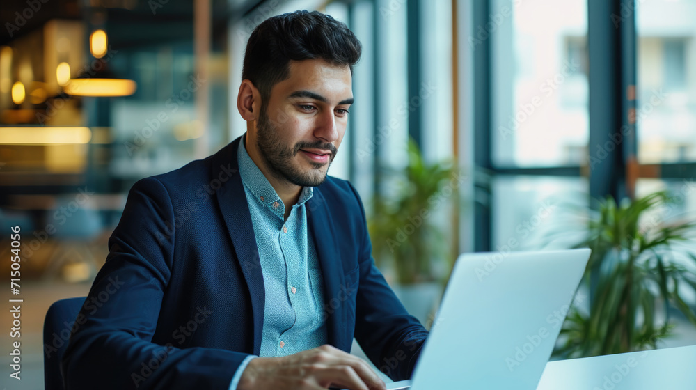 Aufkleber man smiling while working on a laptop in a modern office environment
