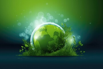 Fototapeta na wymiar Planet on green background, background on ecology theme with space for text, ecology elements: green grass, clean planet, clean air, green background