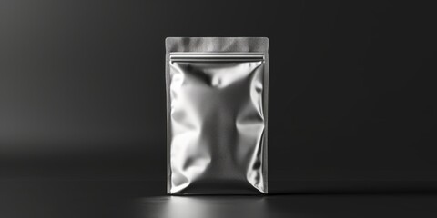 A silver foil bag placed on a sleek black surface. Perfect for product packaging or promotional materials
