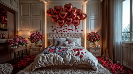 Romantic Valentine's night with red rose on the bed and red heart shaped balloons.