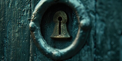 A close-up view of a keyhole on a wooden door. This image can be used to depict security, privacy, home protection, or access control