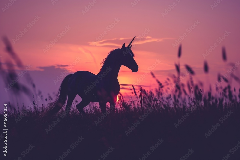 Poster a beautiful image capturing a horse running freely through a field at sunset. perfect for nature and