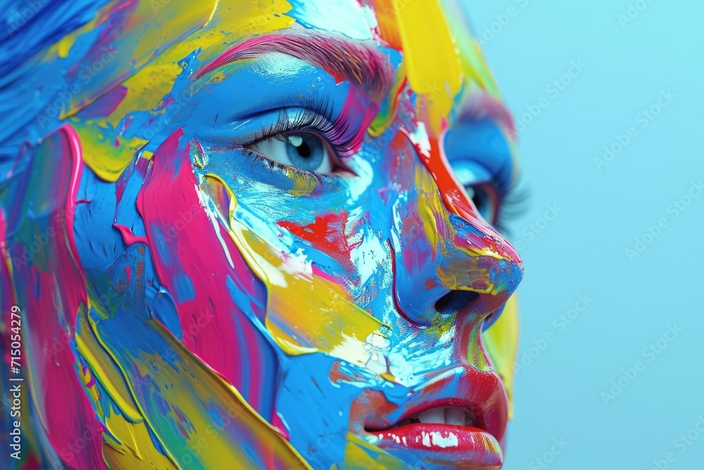 Aufkleber A close-up view of a woman's face painted with vibrant and bright colors. This image can be used for various creative projects and artistic expressions