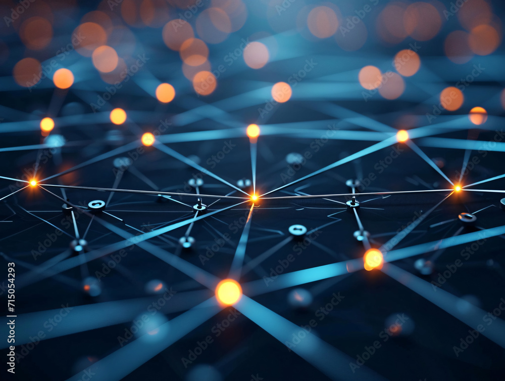 Poster close-up of interconnected nodes and lines with orange highlights. digital network and communication