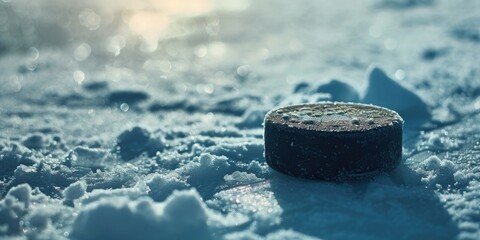 A hockey puck sitting on top of snow covered ground. Perfect for winter sports and hockey-themed designs
