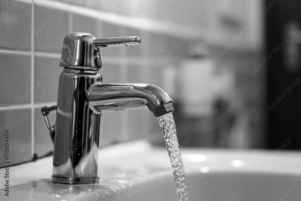 Poster A picture of a faucet with water running from it. Can be used to illustrate concepts related to water usage, plumbing, home improvement, or hygiene